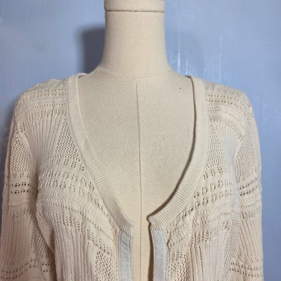 Eddie Bauer XXL Ivory Off White Open Knit 3/4 Sleeve Tie Button Open Cardigan - Picture 2 of 10